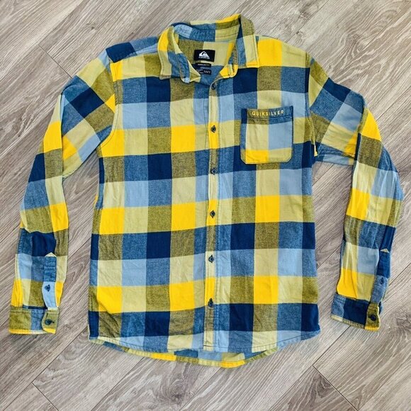Quicksilver Boys Shirt Long Sleeve Fleece Plaid Size 16 Blue/ Yellow Skate Snow - Picture 1 of 11